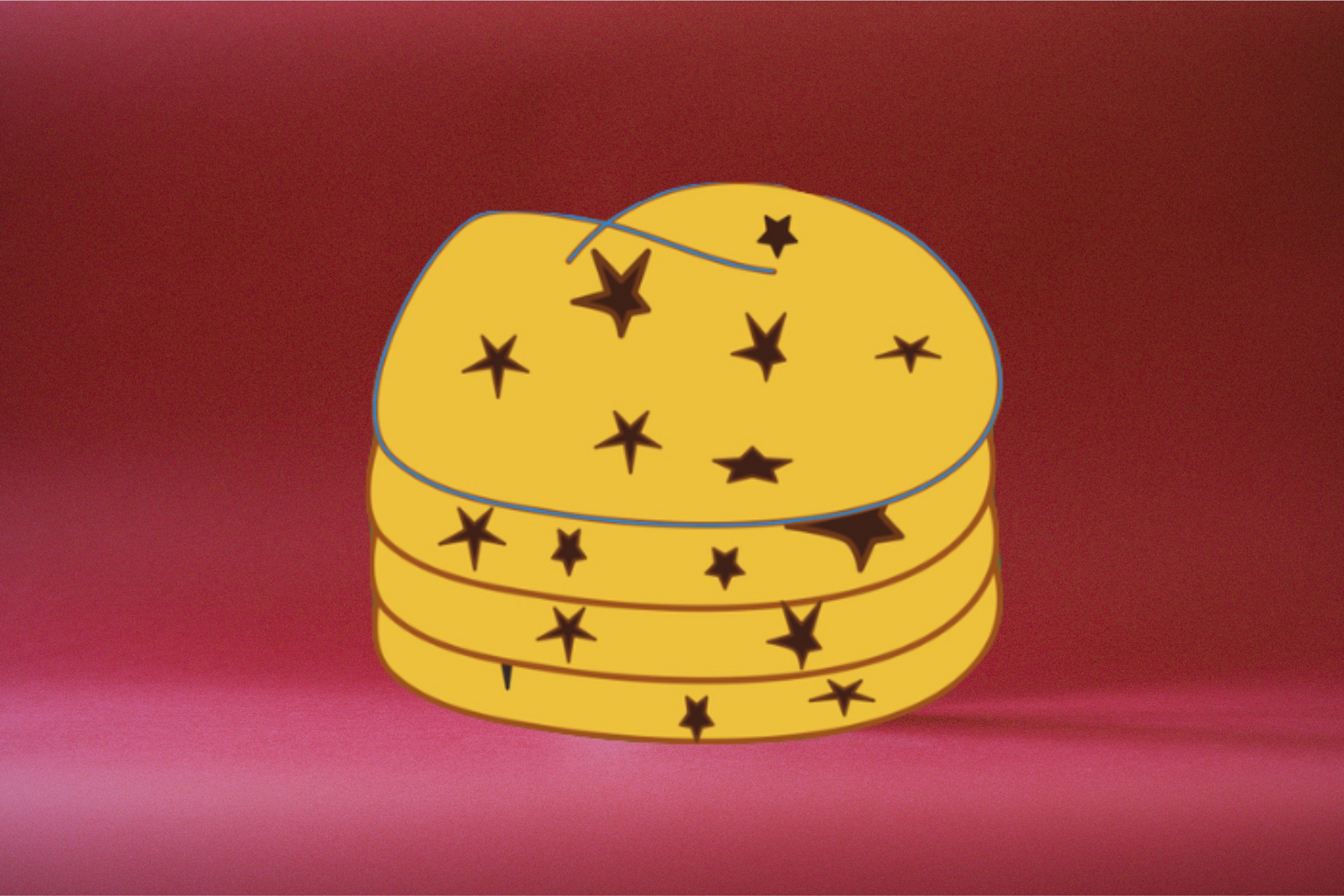 A stylized illustration of a stack of golden pancakes decorated with star shapes, set against a vibrant red background. The image represents Noona's signature buckwheat pancakes, emphasizing a playful and unique design.