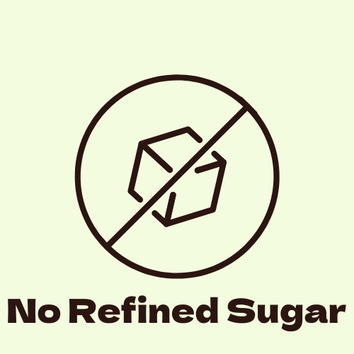 An animated symbol featuring a sugar cube with a line through it, alongside the text "No Refined Sugar." This symbolizes that Noona's products are made without refined sugars, emphasizing a healthier, natural sweetening approach.