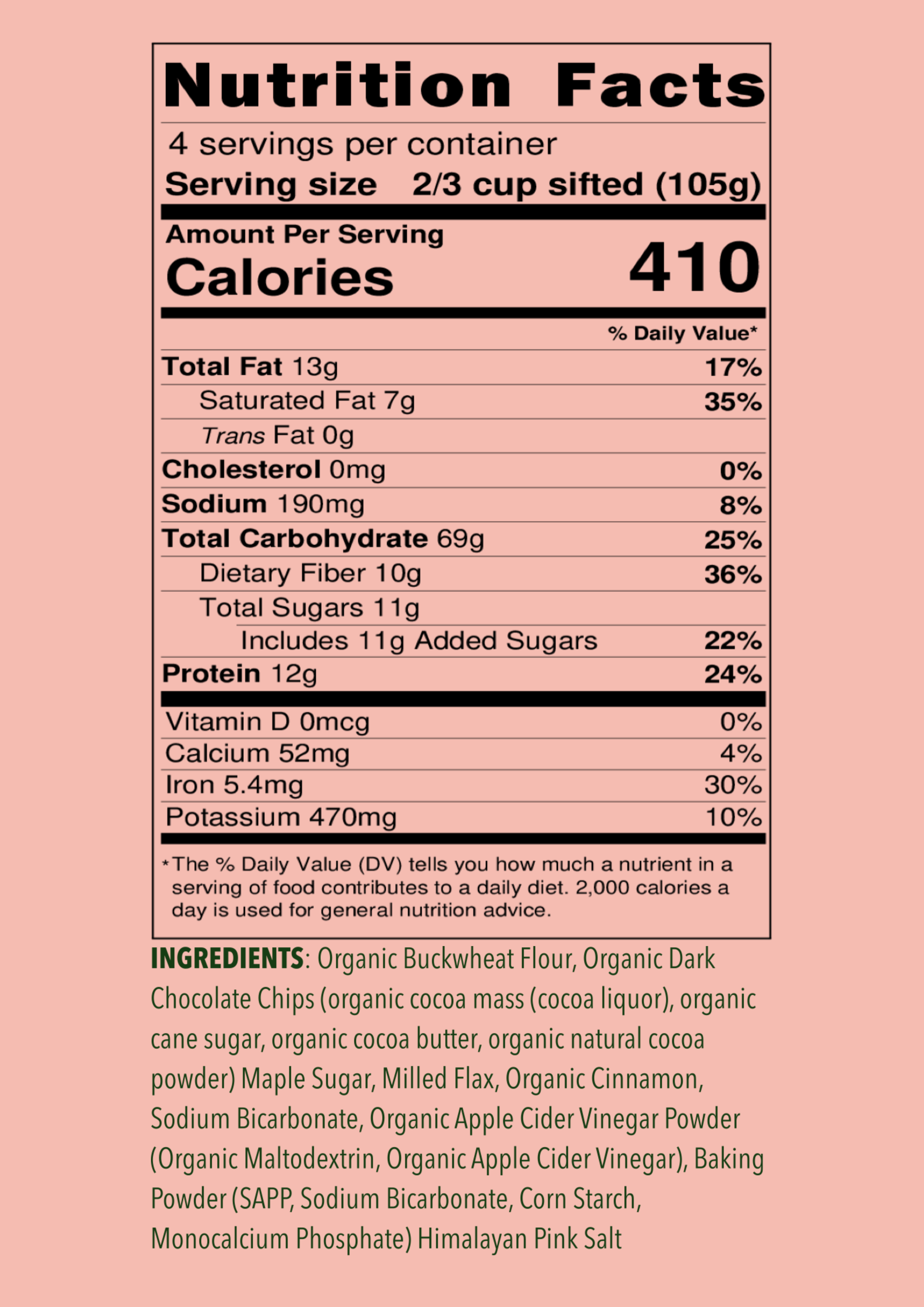 Dark Chocolate Chip Buckwheat Pancake Nutrient Label, Back Side