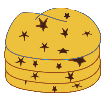 A stylized illustration of a stack of golden pancakes, decorated with chocolate chip-like stars scattered across each layer. The design is playful and features a smooth, rounded shape, representing Noona’s buckwheat pancakes in a fun, whimsical way.